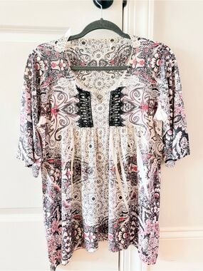 Women’s Printed Peasant Top with Embroidered Yoke - White, Black & Pink